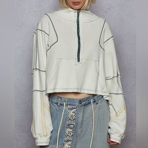 POL Women's Casual Contrast Trim Stitching Zip Front Sweatshirt In Cream